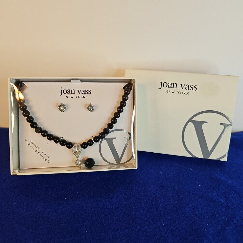 Joan Vass Black Crystal Necklace And Stud Earring Set Elegant Glam Dressy Luxury